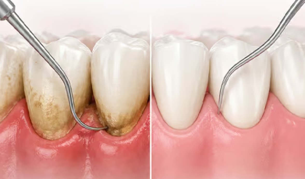 Denti con tartaro prima e dopo la pulizia professionale